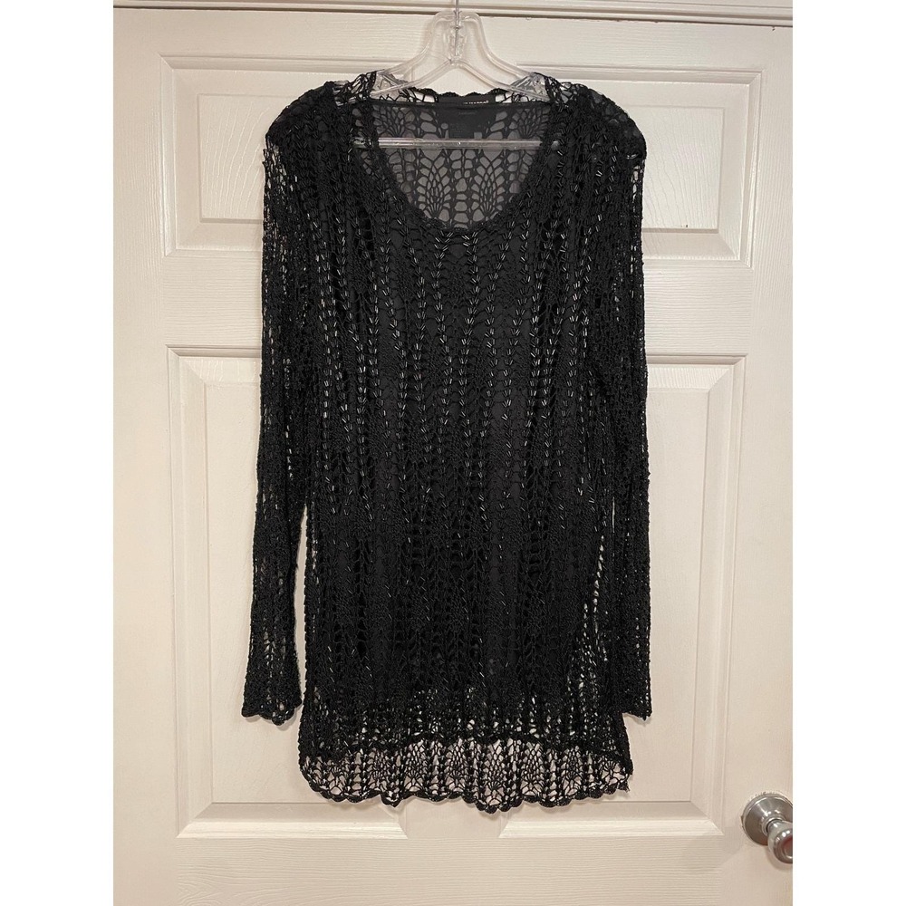 VTG Colette Mordo Sadimara Black‎ Crochet Beaded Sheer Tunic Top M Evening Party